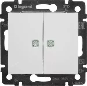 Переключатель Legrand двухклавишный на 2 направления Valena 10A 250V с подсветкой белый 774212