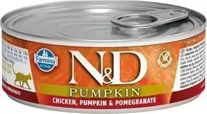 Консервы Farmina N&D Adult Cat GF Pumpkin Chicken, Pumpkin & Pomegranate беззерновой с курицей, тыквой и гранатом для взрослых кошек 80г: характеристи