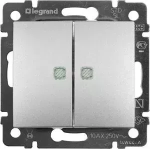 Переключатель Legrand двухклавишный Valena 10A 250V с подсветкой алюминий 770128