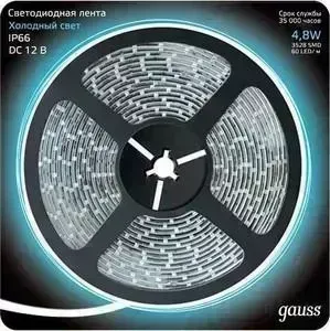 Лента GAUSS светодиодная влагозащищенная 4,8W/m 60LED/m 2835SMD холодный белый 5M 311000305
