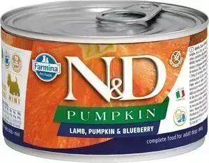 Консервы Farmina ND Adult Dog Mini Pumpkin, Lamb Blueberry беззерновой с ягненком и тыквой и черникой для взрослых собак мелких пород 140г