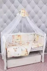 Комплект в кроватку AmaroBaby в 18 предметов (6+12 подушек-бортиков) Мишка (бежевый)