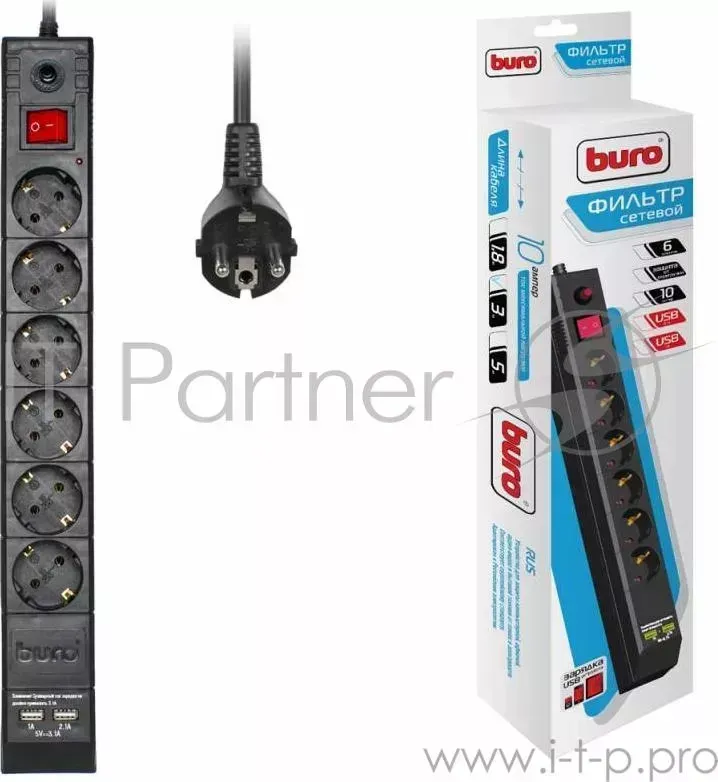 Сетевой фильтр Buro BU-SP3_USB_2A-B 3м (6 розеток) черный (коробка) BURO BU SP3 USB 2A B . 6 розеток