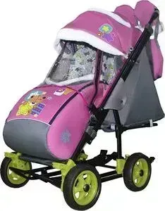 Санки-коляска GALAXY SNOW City-3-1 Мишка со звездой на розовом на больших колёсах+сумка+варежки