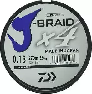 Леска рыболовная DAIWA плетеная J-Braid X4 270м 0,13мм зеленая
