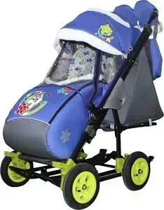 Санки-коляска GALAXY SNOW City-3-2 Зайка серый на синем на больших надувных колёсах+сумка+варежки