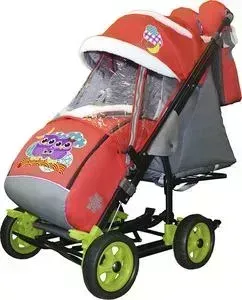 Санки-коляска GALAXY SNOW City-3-1 Совушки на красном на больших колёсах+сумка+варежки