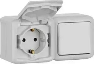 Выключатель Legrand Блок одноклавишный и розетка 2 К+З Quteo 16A 250V с/з со шторками крышкой IP44 серый 782348