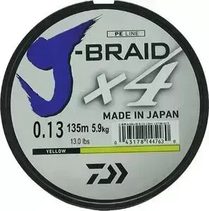 Леска рыболовная DAIWA плетеная J-Braid X4 135м 0,13мм желтая