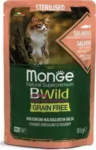 Пауч Monge и Cat BWild GRAIN FREE из лосося с креветками и овощами для стерилизованных кошек 85 г