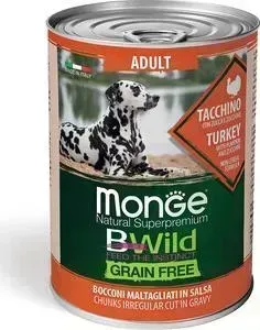 Консервы Monge Dog BWild GRAIN FREE беззерновые из индейки с тыквой и кабачками для взрослых собак всех пород 400 г
