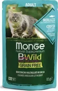 Пауч Monge и Cat BWild GRAIN FREE из трески с креветками и овощами для взрослых кошек 85 г