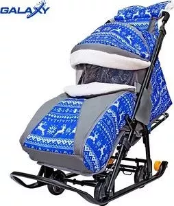Санки GALAXY коляска SNOW LUXE Зимняя ночь Олени синие на больших мягких колесах+сумка+муфта