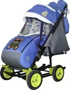 Санки-коляска GALAXY SNOW City-3-2 Мишка в зелёном на синем на больших надувных колёсах+сумка+варежки