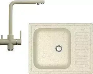 Мойка кухонная и смеситель Ganza и смеситель G-015 со смесителем GN-08 c подключением к фильтру, бежевый