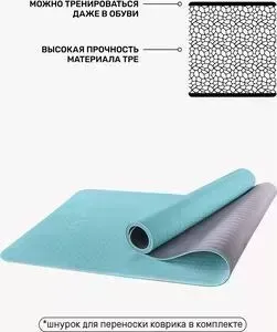 Коврик для йоги Starfit FM-201 TPE 173x61x0,6 см, мятный/серый 1/12