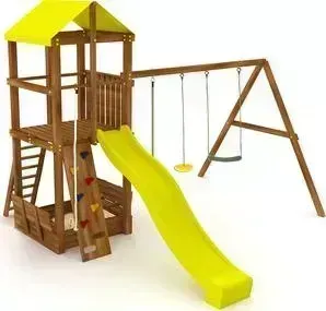 Детский спортивный комплекс Kampfer Kids Castle №2 Ореховый горка желтая и качели гибкие зеленые и желтая лиана
