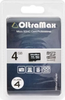 Карта памяти  Oltramax MicroSDHC 4GB Class4 (+ адаптер SD)