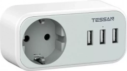 Сетевой фильтр TESSAN TS-329 с кнопкой питания на 1 розетку и 3 USB, Grey