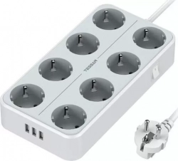 Сетевой фильтр TESSAN TS-304 с кнопкой питания на 8 розеток и 3 USB, Grey