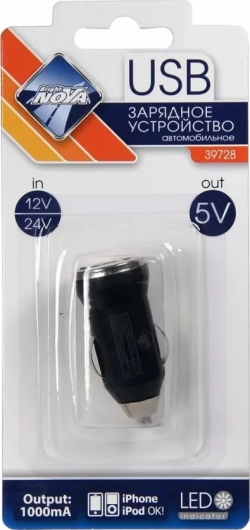 Зарядное устройство NOVA BRIGHT для моб.устройств, USB-порт, 1000мА, индикатор, 12/24В 39728