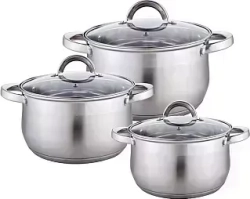 Набор посуды WEBBER BE-616/6 из нерж.стали 6 пр. 2,1л, 2,9л, 3,9л со стеклянными крышками