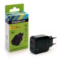 Сетевой адаптер ERGOLUX (15108) ELX-РA01QC-C02 ( 18Вт 1USB+1Type C, 100-220В, 5-9V/3А, QC, Черный, Коробка) СЗУ ( C,
