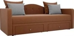 Детский диван АртМебель Дориан рогожка коричневый подушки серые